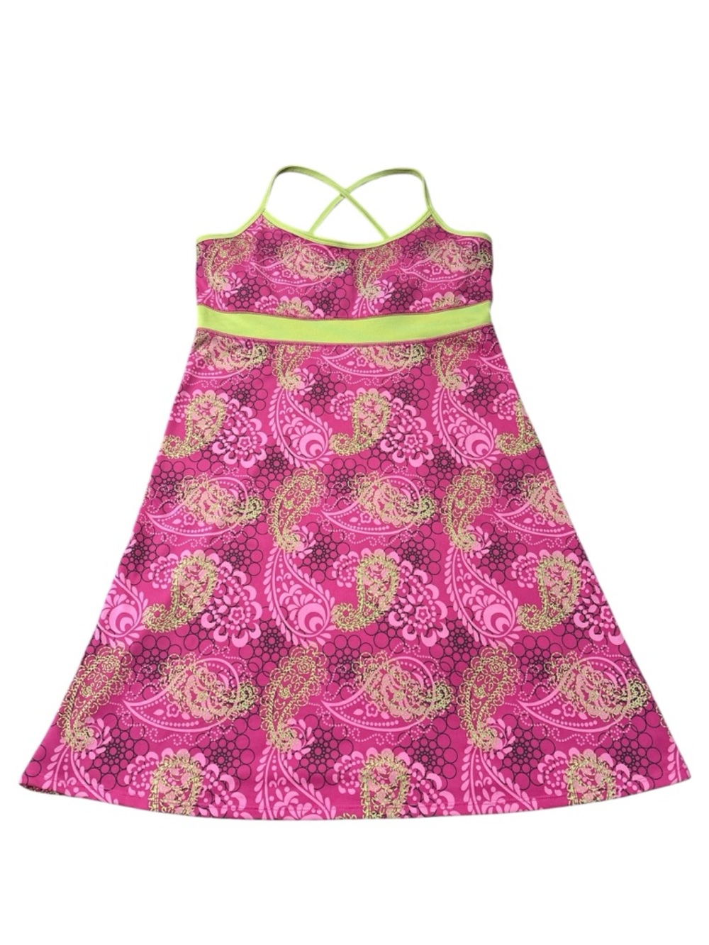 Soybu Pink Chartreuse Paisley Geometric Built in Bra Athletic Summer Dress Med